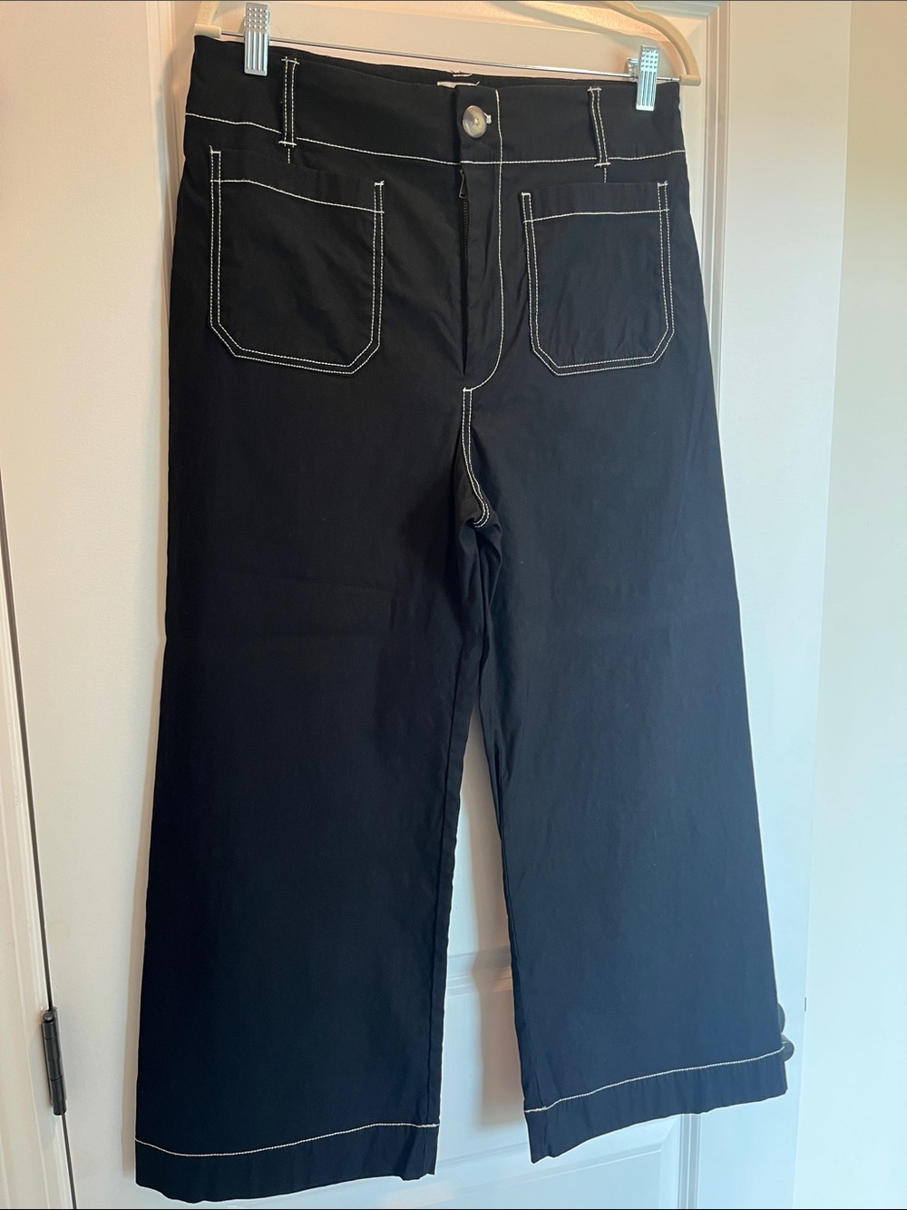 Anthropologie Mauve Colette Black Wide Leg Pants with Contrast White Stitching